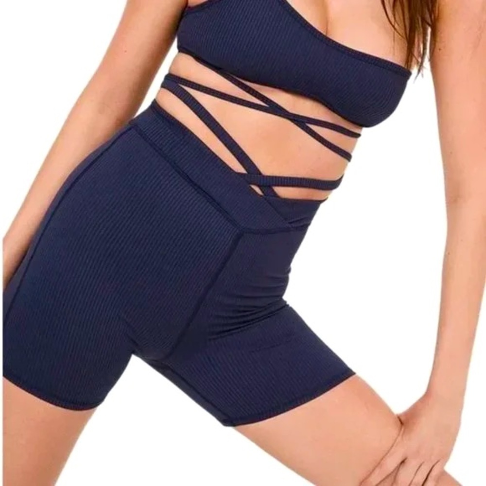 NWT For Love and Lemons Chloe Ribbed Biker Shorts in Midnight Blue Size XS